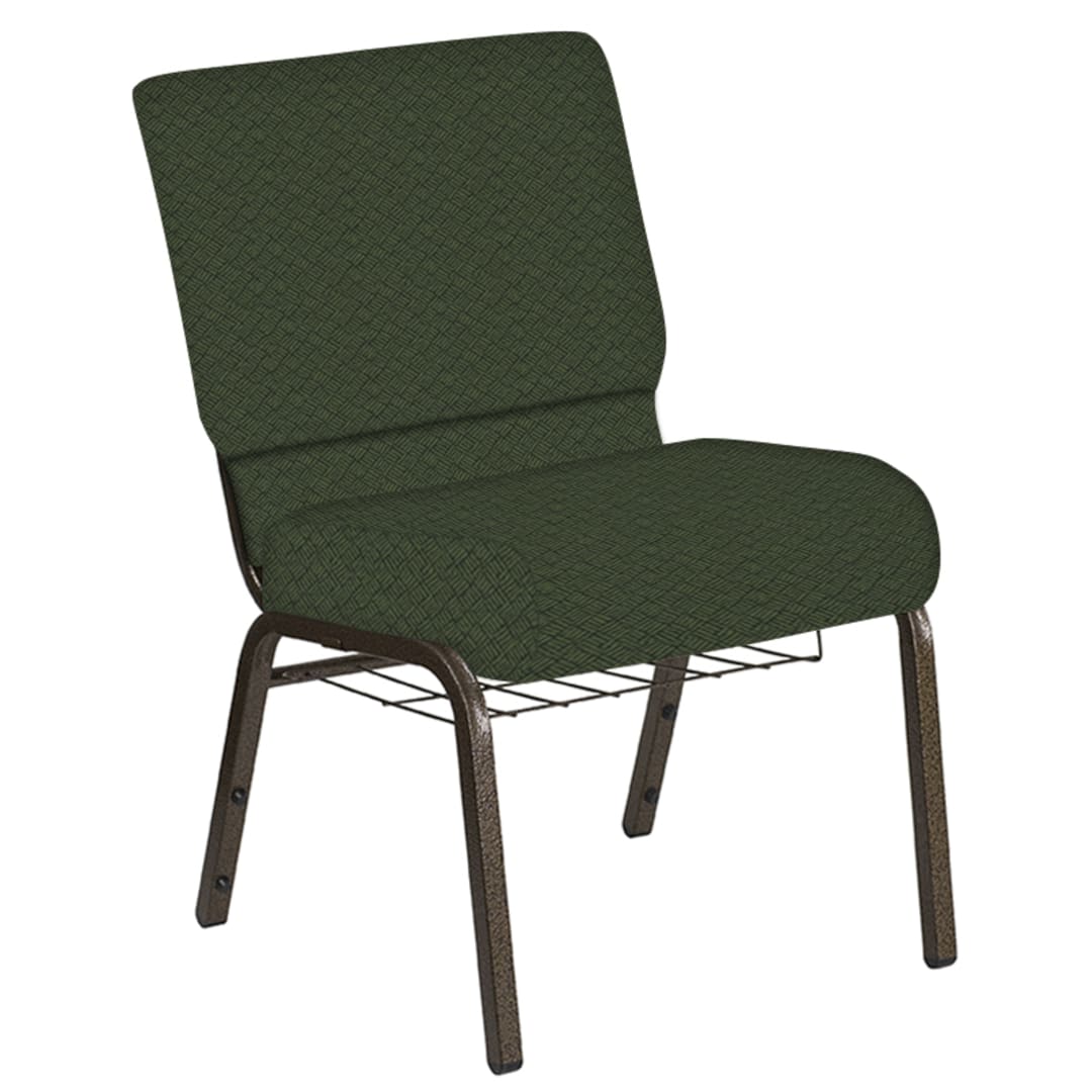 Embroidered 21''W Church Chair in Fiji Emerald Fabric with Book Rack - Gold Vein Frame