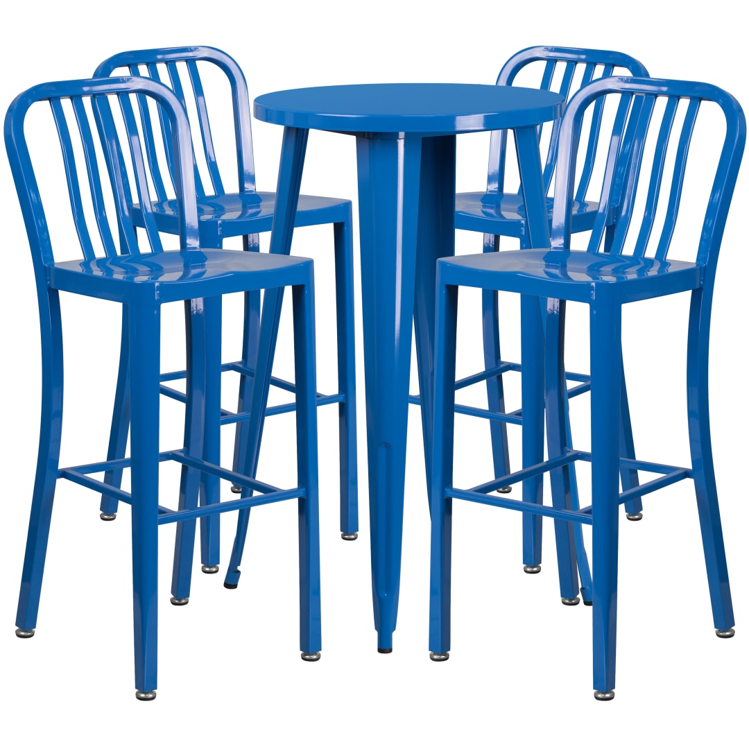 Richard Commercial Grade 24" Round Blue Metal Indoor-Outdoor Bar Table Set with 4 Vertical Slat Back Stools