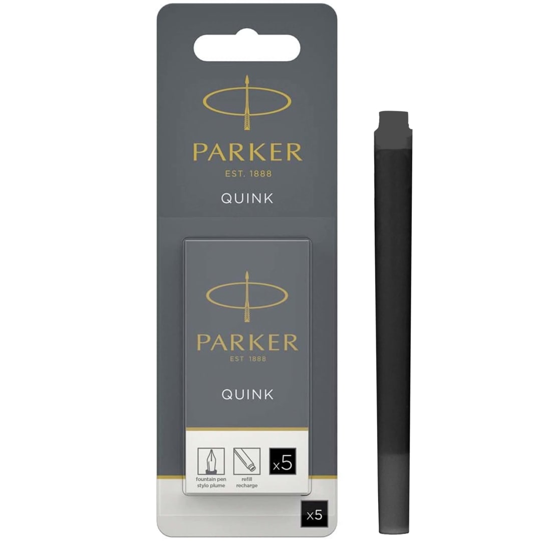 Parker Fountain Pen Ink Refill Cartridges, Long, Black QUINK Ink, 5 Count