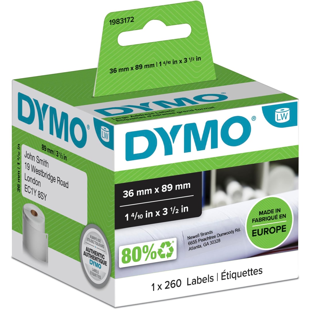 DYMO® LW Large Mailing Address Labels for LabelWriter™ Label Printers, White, 1-4/10'' x 3-1/2'', Large, 2 Rolls of 260