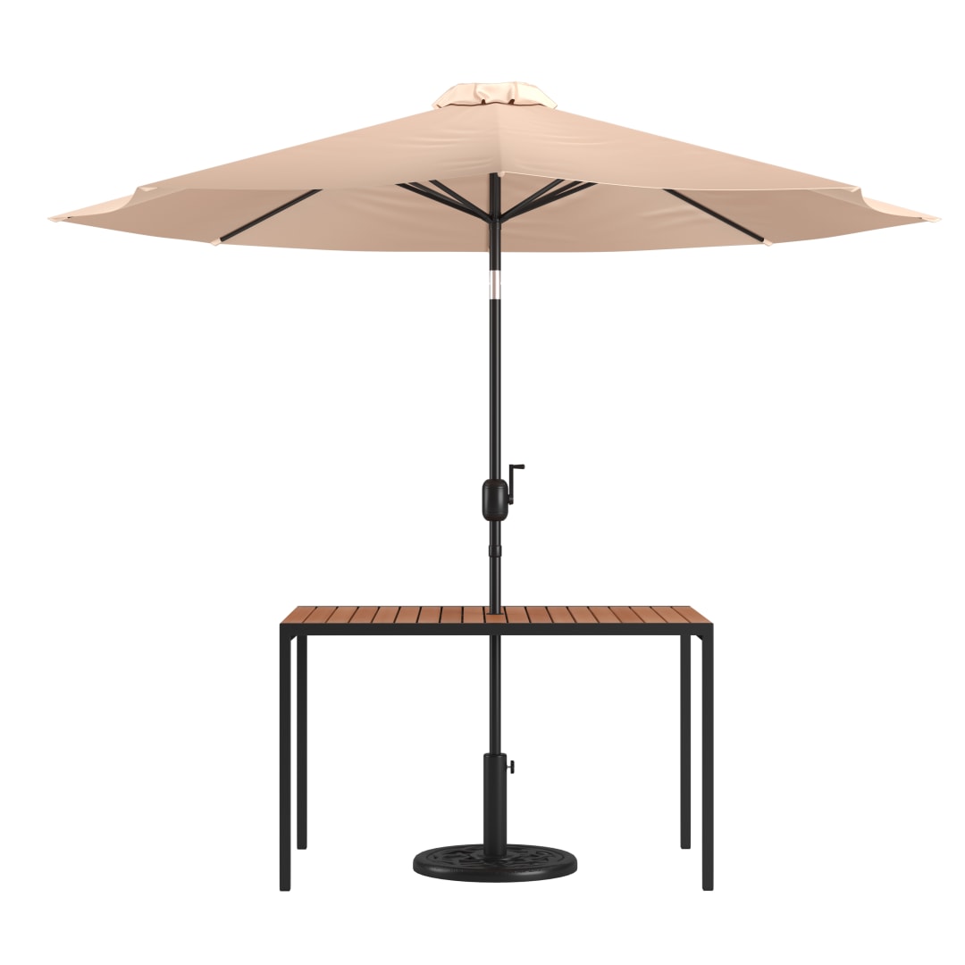 Lark 3 Piece Outdoor Patio Table Set - 30" x 48" Square Synthetic Teak Patio Table with Tan Umbrella and Base