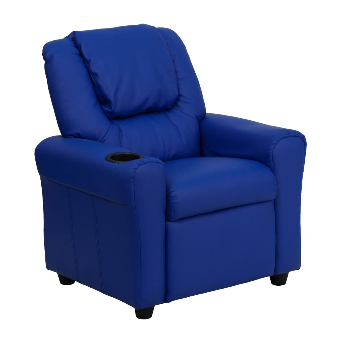 Vana Contemporary Blue Vinyl Kids Recliner with Cup Holder and Headrest