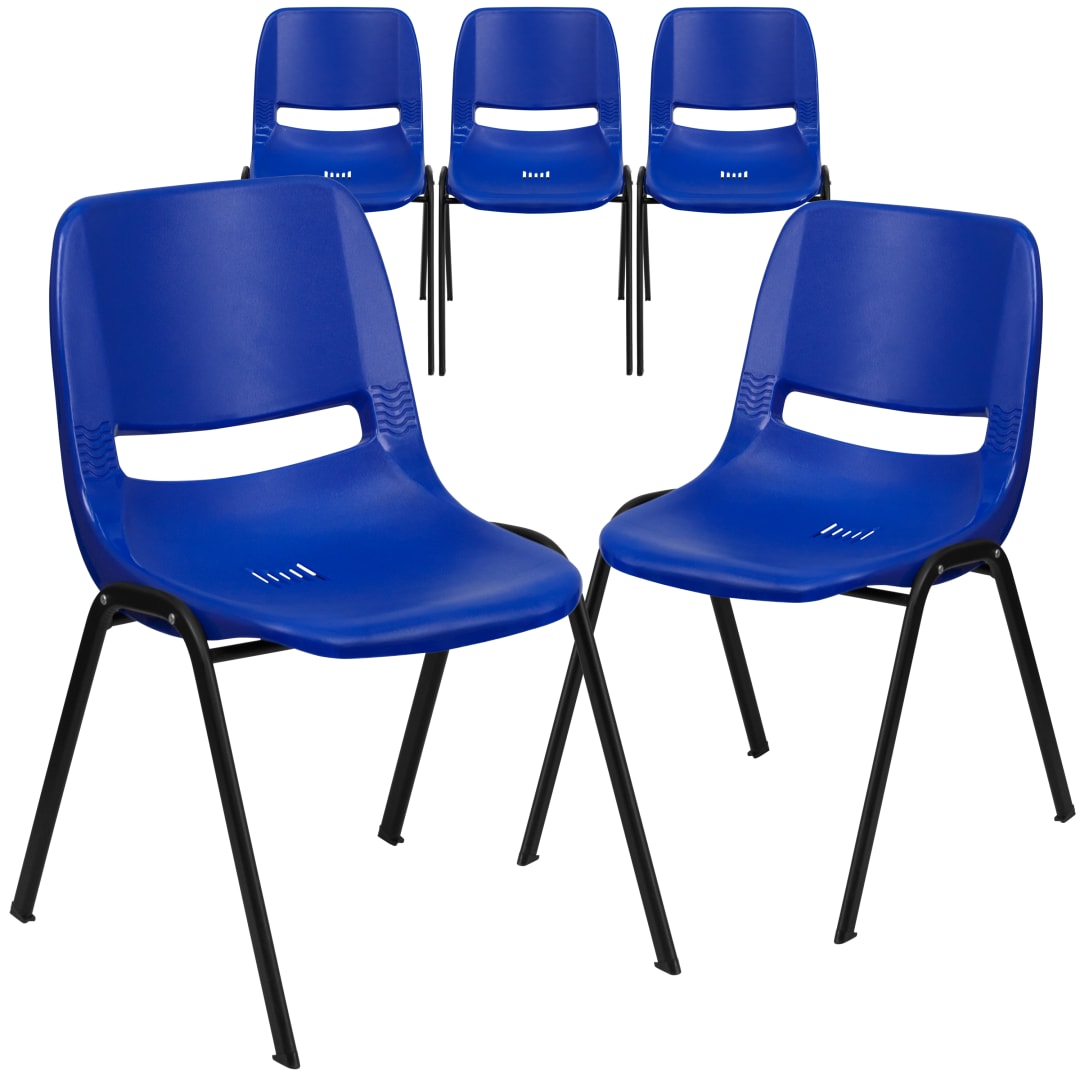 5 Pack HERCULES Series 880 lb. Capacity Blue Ergonomic Shell Stack Chair with Black Frame