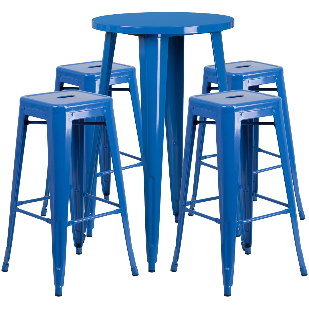 Ormsby Commercial Grade 24" Round Blue Metal Indoor-Outdoor Bar Table Set with 4 Square Seat Backless Stools
