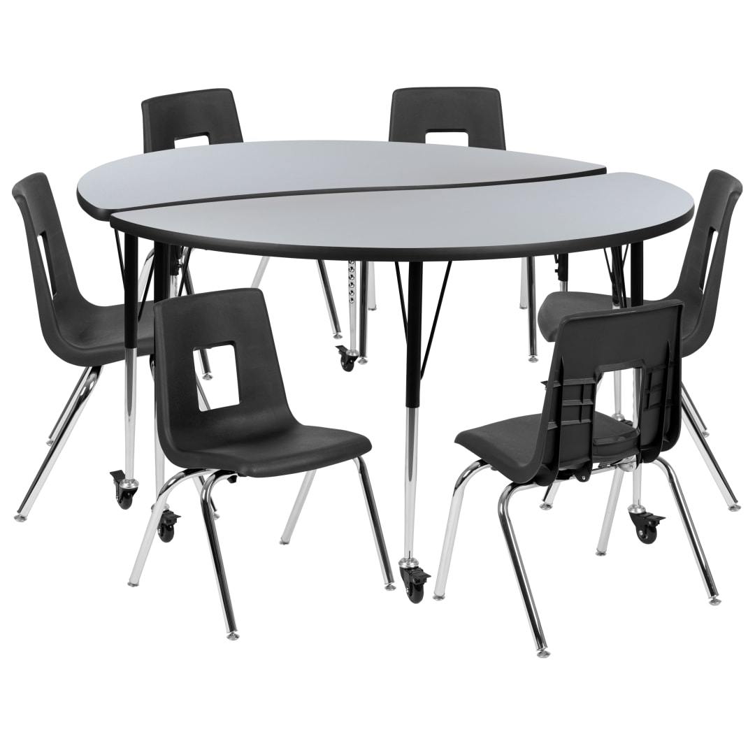 Emmy Mobile 60" Circle Wave Flexible Laminate Activity Table Set with 16" Student Stack Chairs, Grey/Black