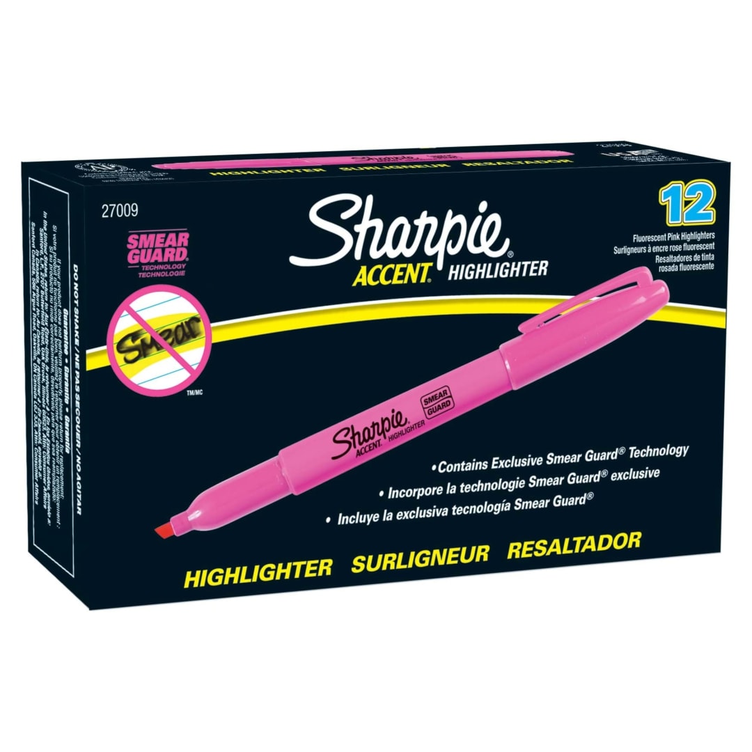 Sharpie® Pocket Style Highlighters, Chisel Tip, Fluorescent Pink, Box of 12
