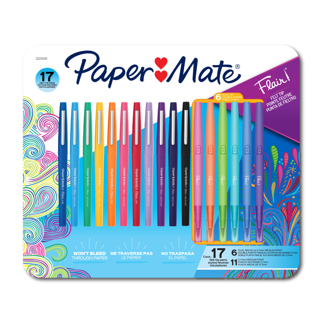Paper Mate Flair Felt Tip Pens Variety Pack, Features Medium and Dual-Brush Pens, Assorted, 17 Count