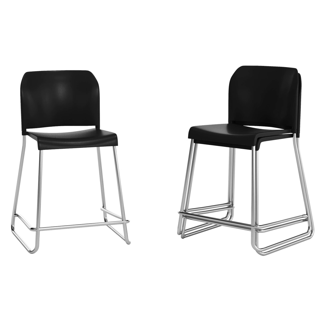 HERCULES Kenai Set of 3 Black Office Reception Stacking Counter Stools with Contoured Backrests and Chrome Sled Bases