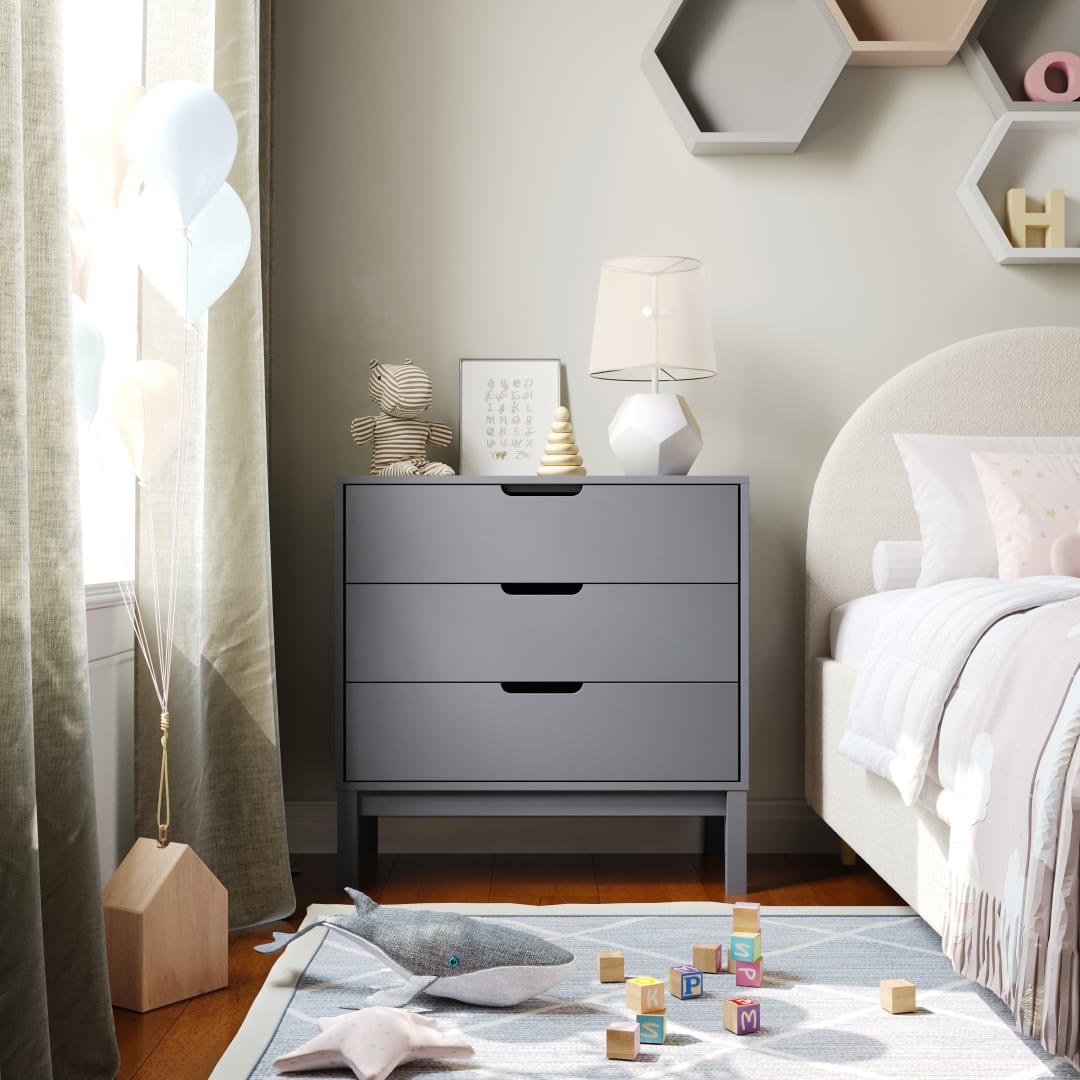 Dallas Wooden 3-Drawer Dresser for Bedroom, Chest of Drawers for Kids in Gray