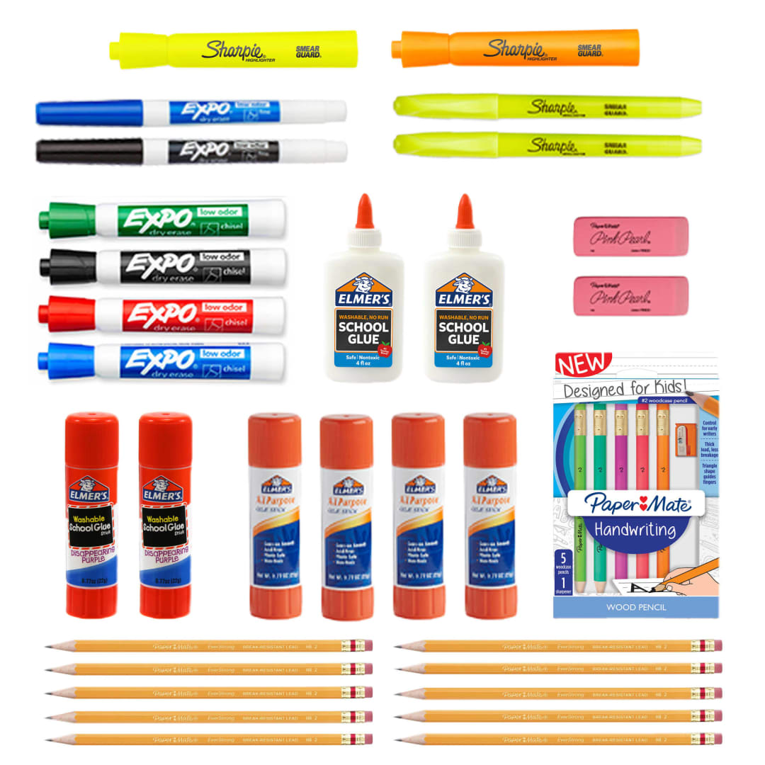 Sharpie® School Supplies Variety Pack, My First All in One Pack, Expo, Paper Mate, Elmer’s Glue Sticks, Pourable Glue, Pencils, Dry Erase, Markers, Highlighters, and More, 31 Count