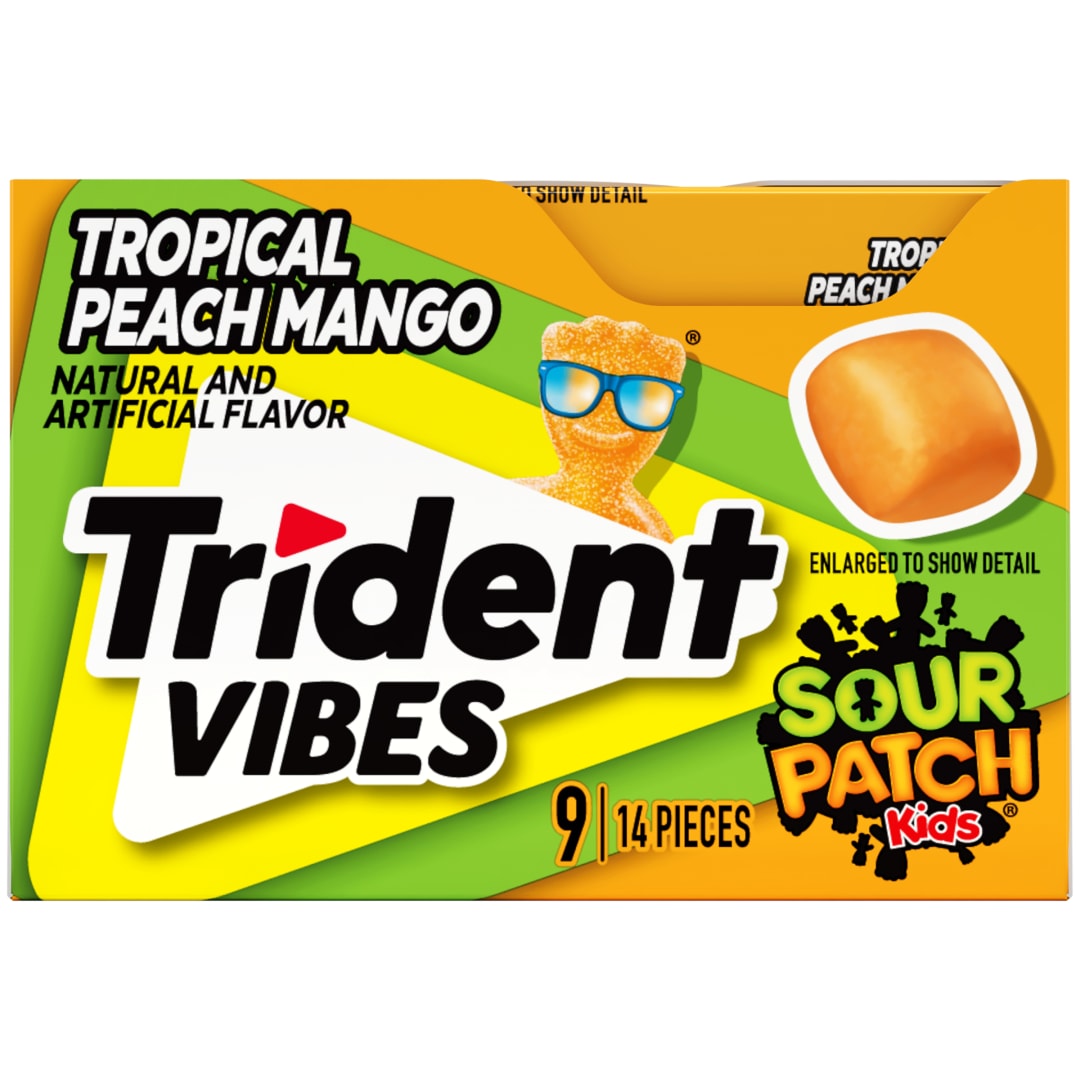 Trident Vibes SOUR PATCH KIDS Sugar Free Chewing Gum Tropical Peach Mango 14 pc Clutch Packs - 9 Pack