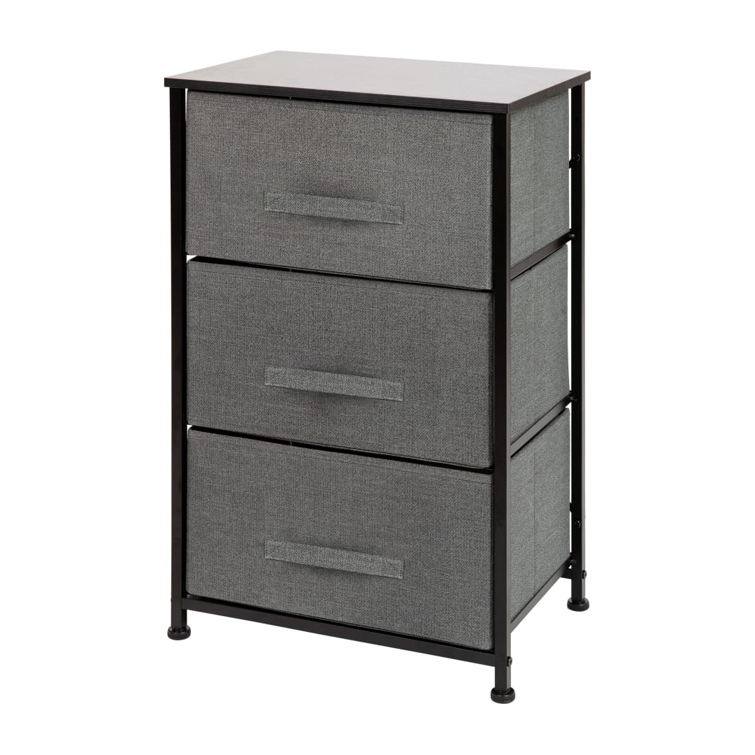 Harris 3 Drawer Wood Top Black Cast Iron Frame Vertical Storage Dresser with Dark Gray Easy Pull Fabric Drawers