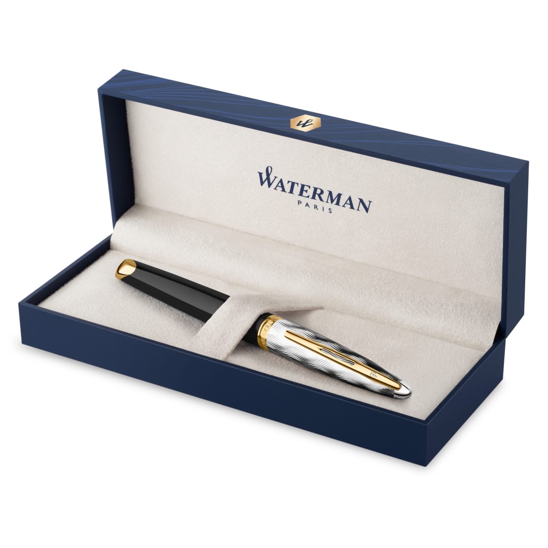 Waterman Carene Fountain Pen | Metal & Black Lacquer with Gold trim & Chiselled cap | 18K Gold Fine Nib | Blue Ink | Gift Box