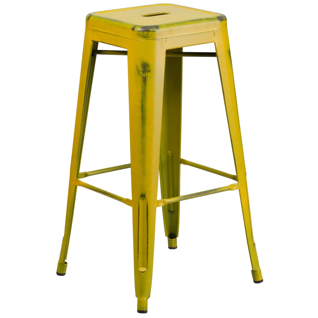 Kai Commercial Grade 30" High Backless Distressed Yellow Metal Indoor-Outdoor Barstool