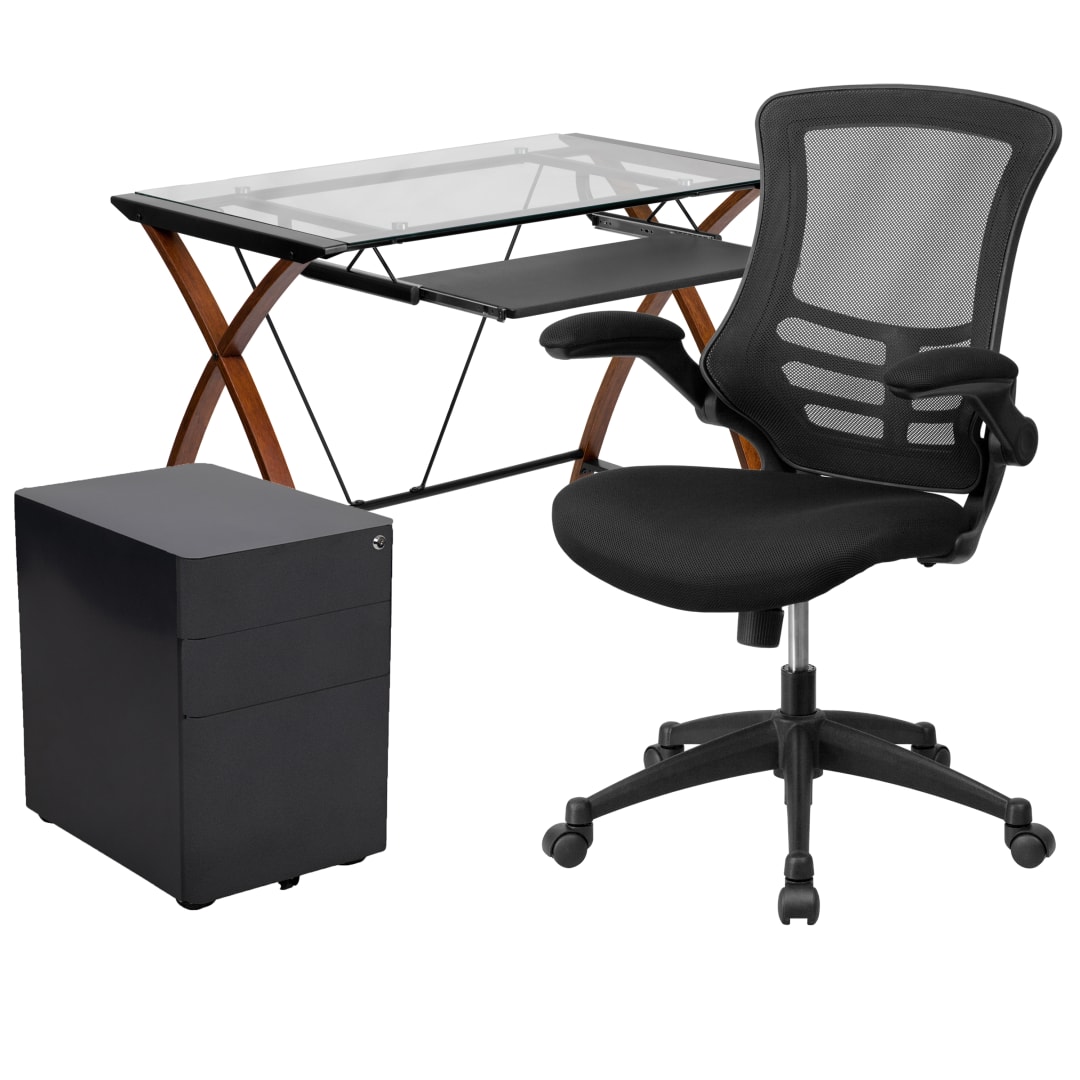 Stiles Work From Home Kit - Glass Desk with Keyboard Tray, Ergonomic Mesh Office Chair and Filing Cabinet with Lock &amp; Side Handles