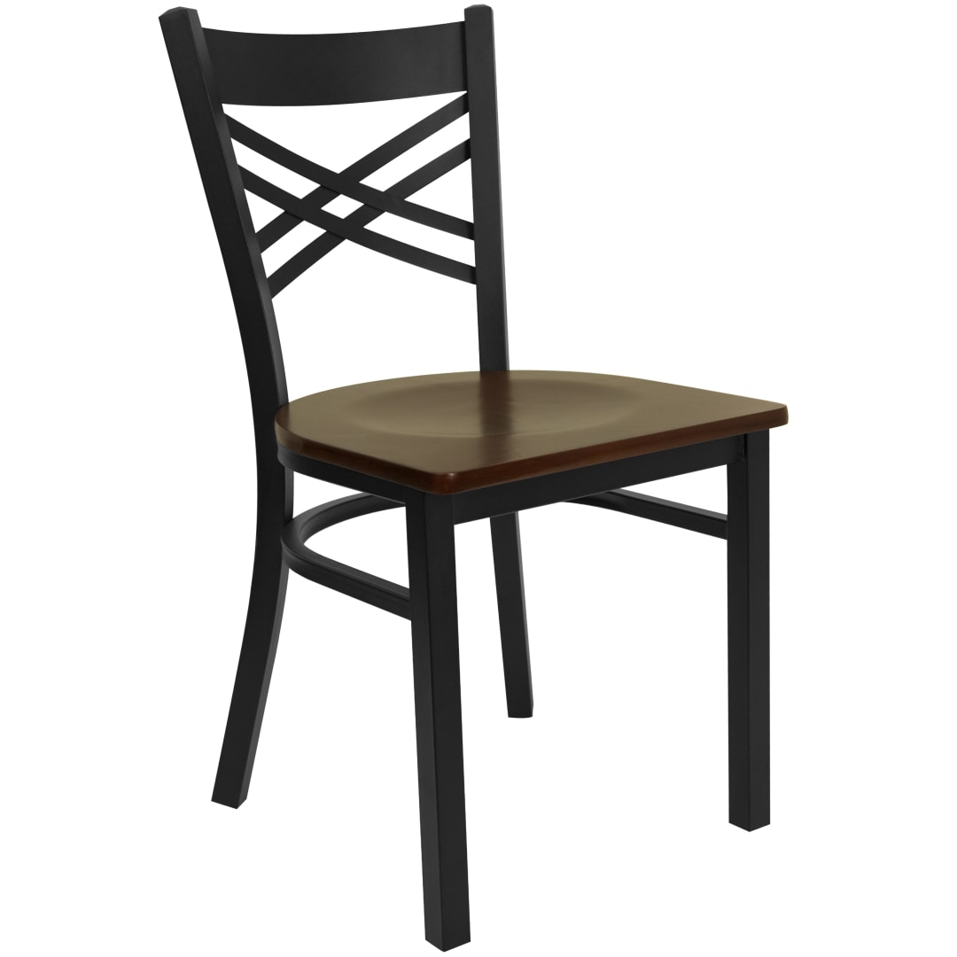 4 Pack HERCULES Series Black ''X'' Back Metal Restaurant Chair - Mahogany Wood Seat