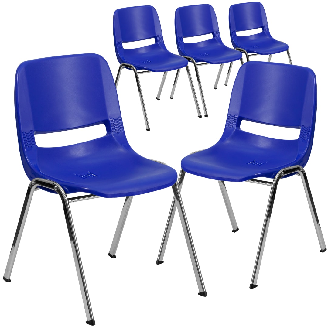 5 Pack HERCULES Series 440 lb. Capacity Kid's Navy Ergonomic Shell Stack Chair with Chrome Frame and 14" Seat Height