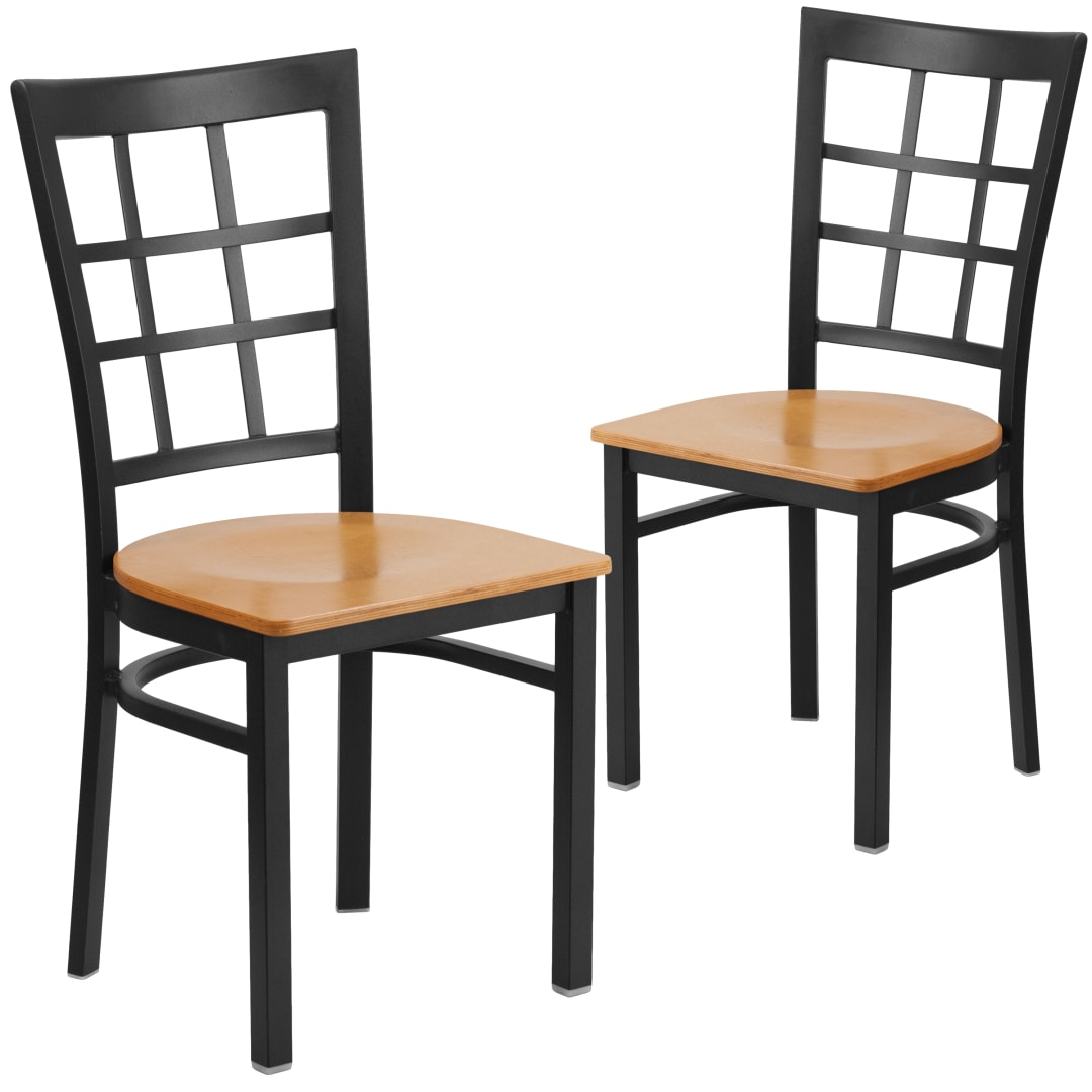 2 Pack HERCULES Series Black Window Back Metal Restaurant Chair - Natural Wood Seat