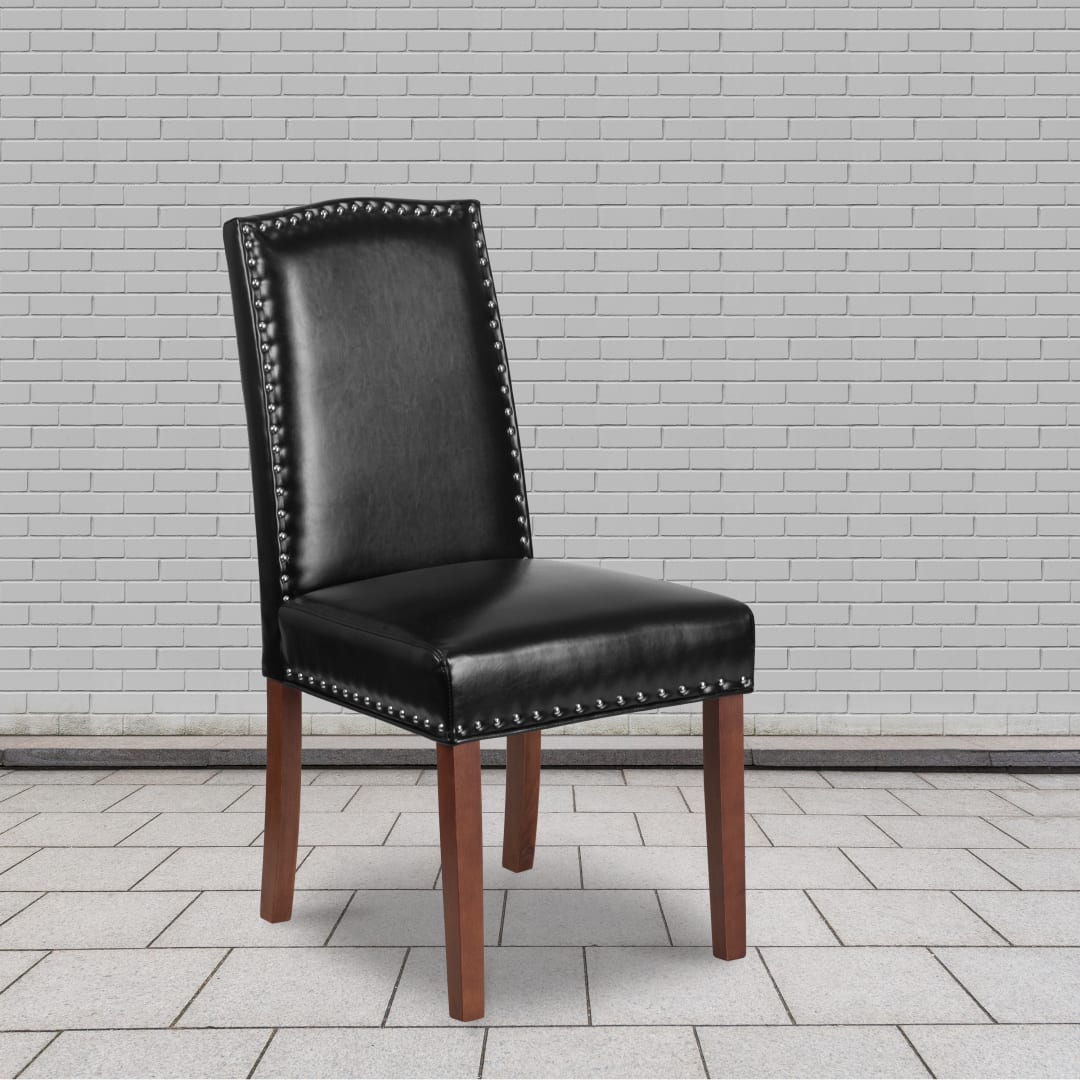 HERCULES Hampton Hill Series Black LeatherSoft Parsons Chair with Silver Accent Nail Trim