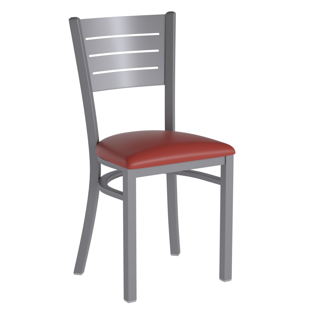 HERCULES Silver Slat Back Metal Restaurant Chair - Red Vinyl Seat