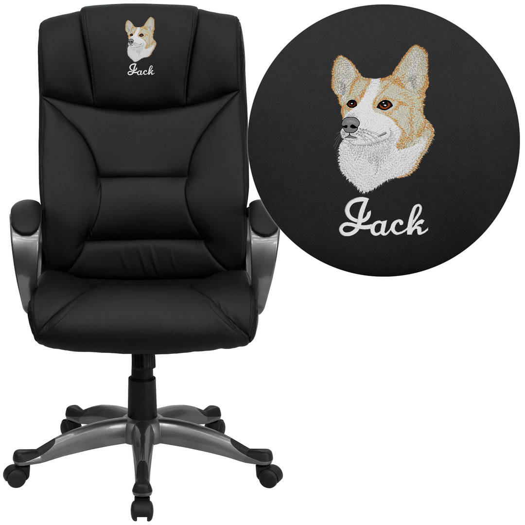 Hansel Embroidered High Back Black LeatherSoft Executive Swivel Office Chair with Arms