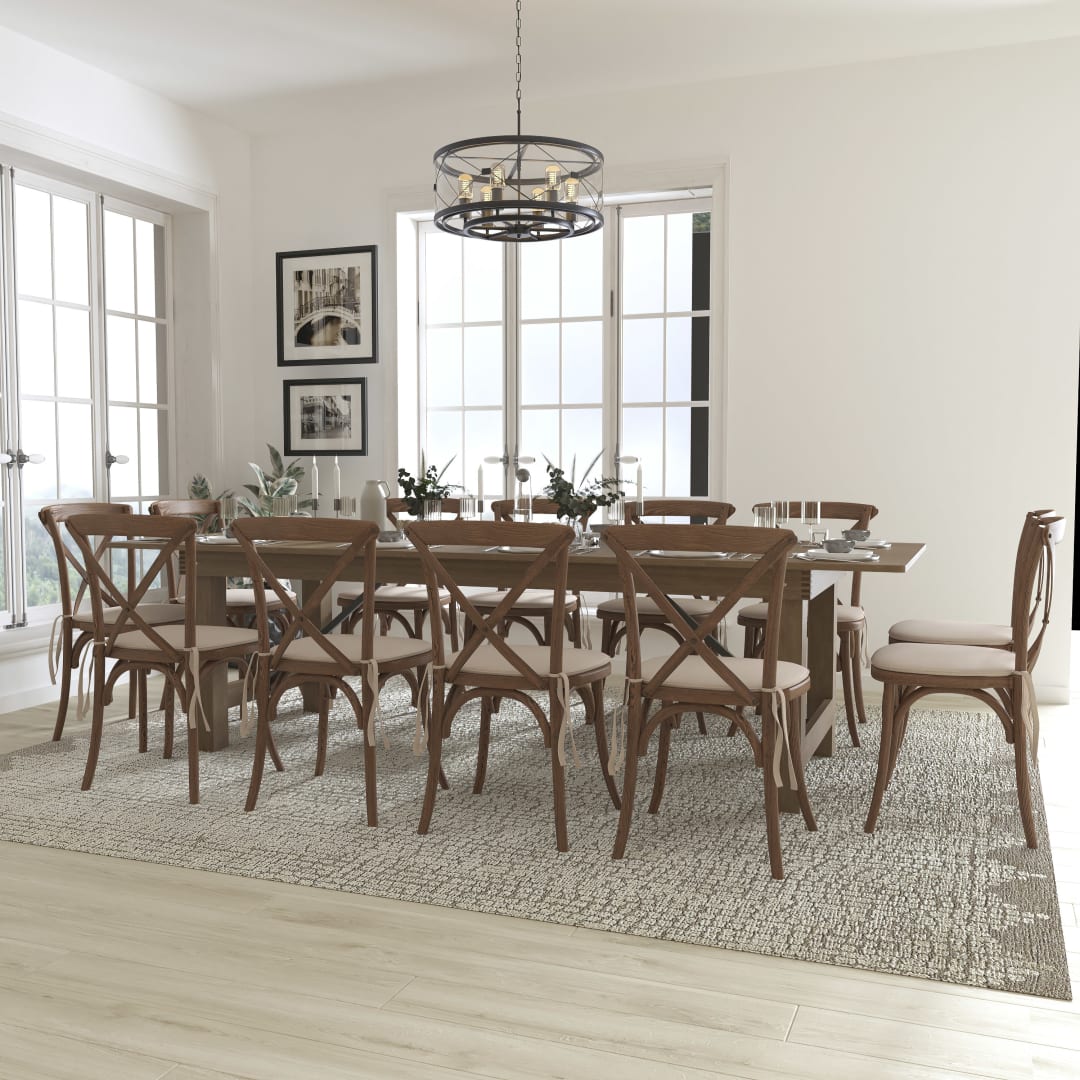 HERCULES Series 9' x 40'' Antique Rustic Folding Farm Table Set with 12 Cross Back Chairs and Cushions