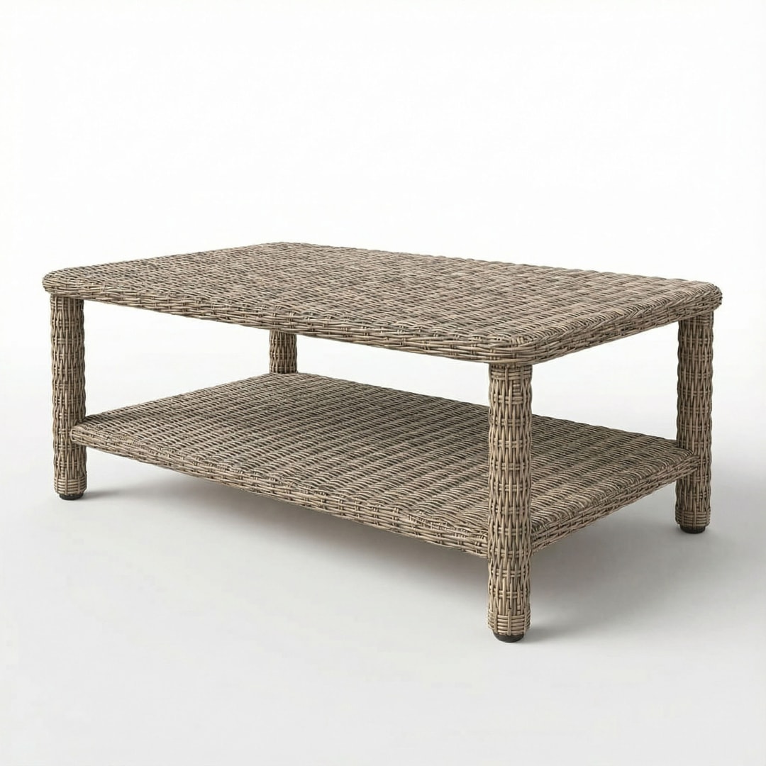 Lily Pond Indoor-Outdoor Patio Coffee Table with Lower Storage Shelf in Weathered Gray Rattan Wicker