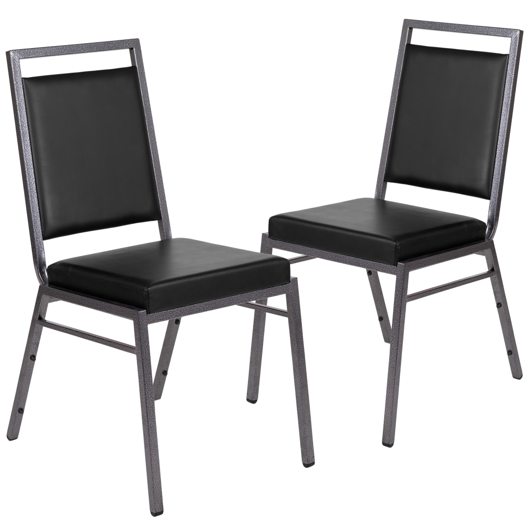 2 Pack HERCULES Series Square Back Stacking Banquet Chair in Black Vinyl with Silvervein Frame