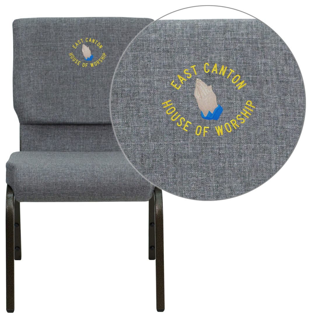 Embroidered HERCULES Series 18.5''W Stacking Church Chair in Gray Fabric - Gold Vein Frame