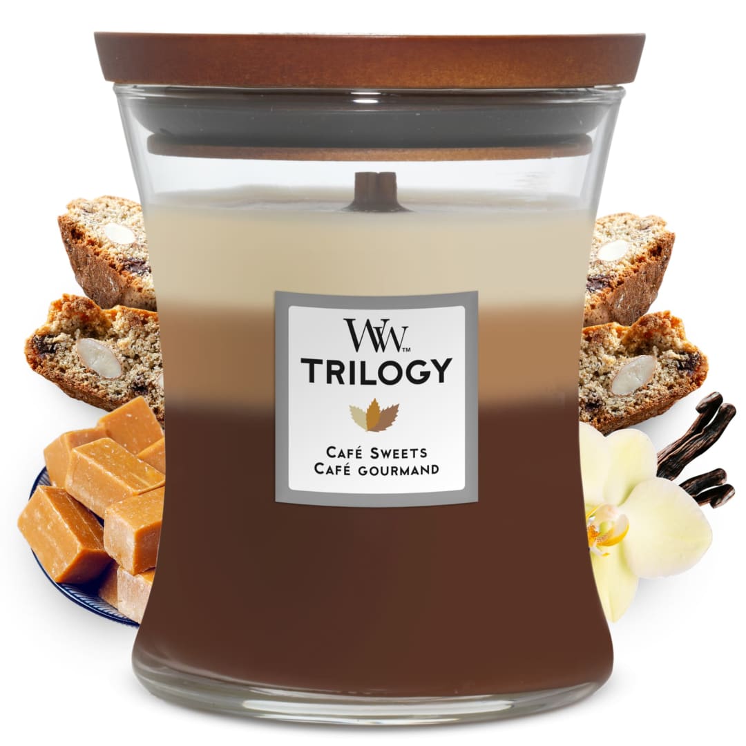 WoodWick® Medium Hourglass Trilogy Scented Candle | Café Sweets | with Crackling Wick | Burn Time: Up to 60 Hours