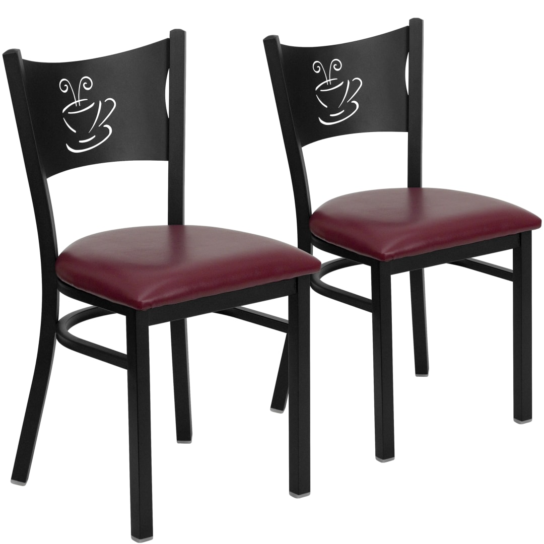 2 Pk. HERCULES Series Black Coffee Back Metal Restaurant Chair - Burgundy Vinyl Seat