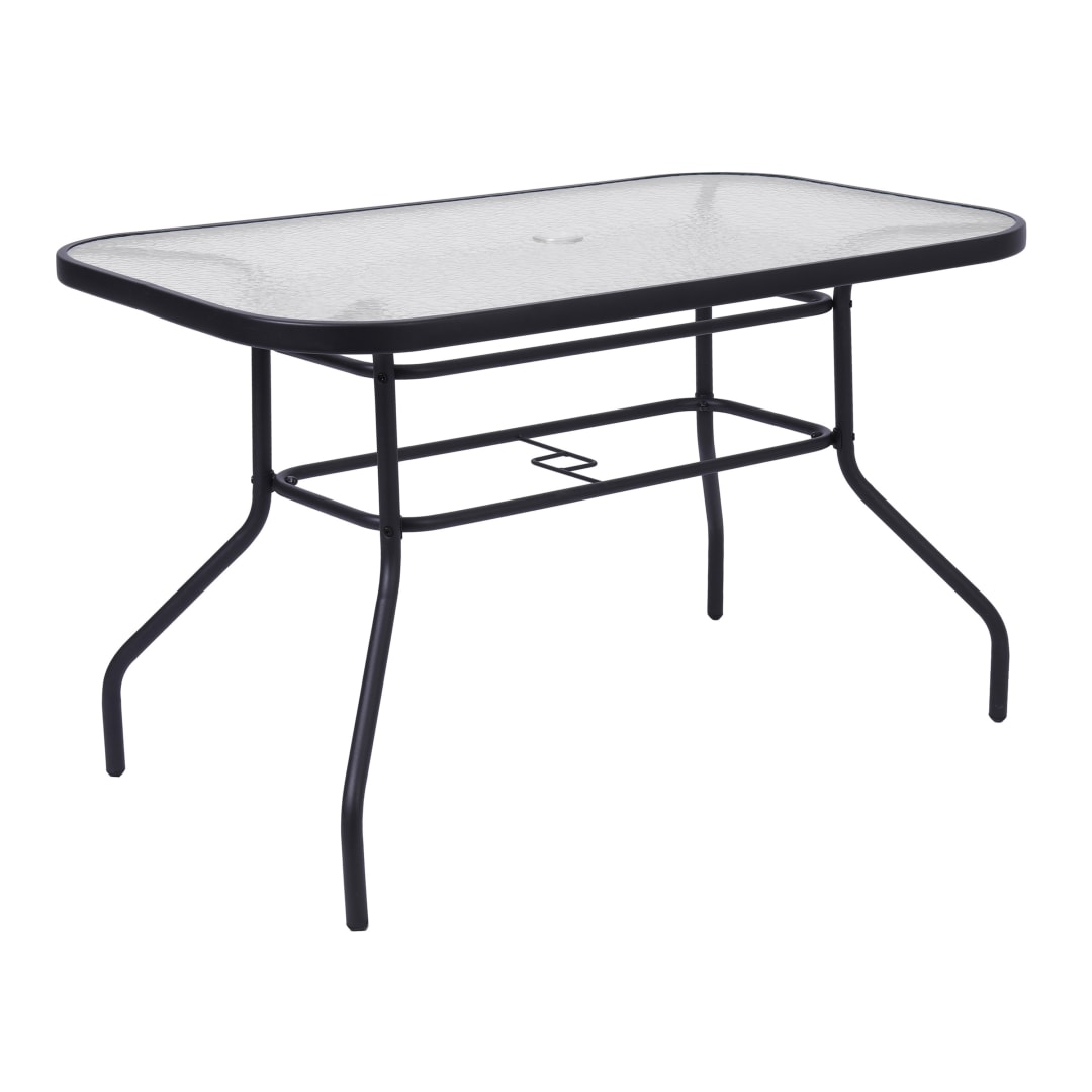 Tory Commercial Grade 27.5" x 47.25" Rectangular Patio Table with Tempered Glass Top with Umbrella Hole and Steel Tube Frame in Black