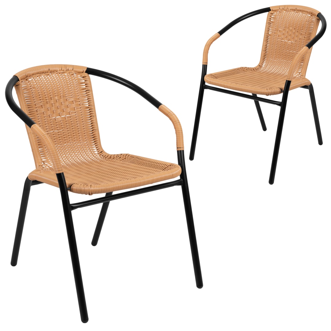 Lila Set of 2 Commercial Grade Beige Rattan Indoor-Outdoor Restaurant Stack Chairs