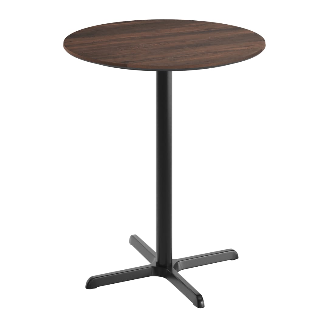 TopGuard 36" Round Tabletop, Seamless Surface Technology, Dark Brown with 30" x 30" Black Bar Height X-Base, Moisture, Scratch, Heat, UV Resistant