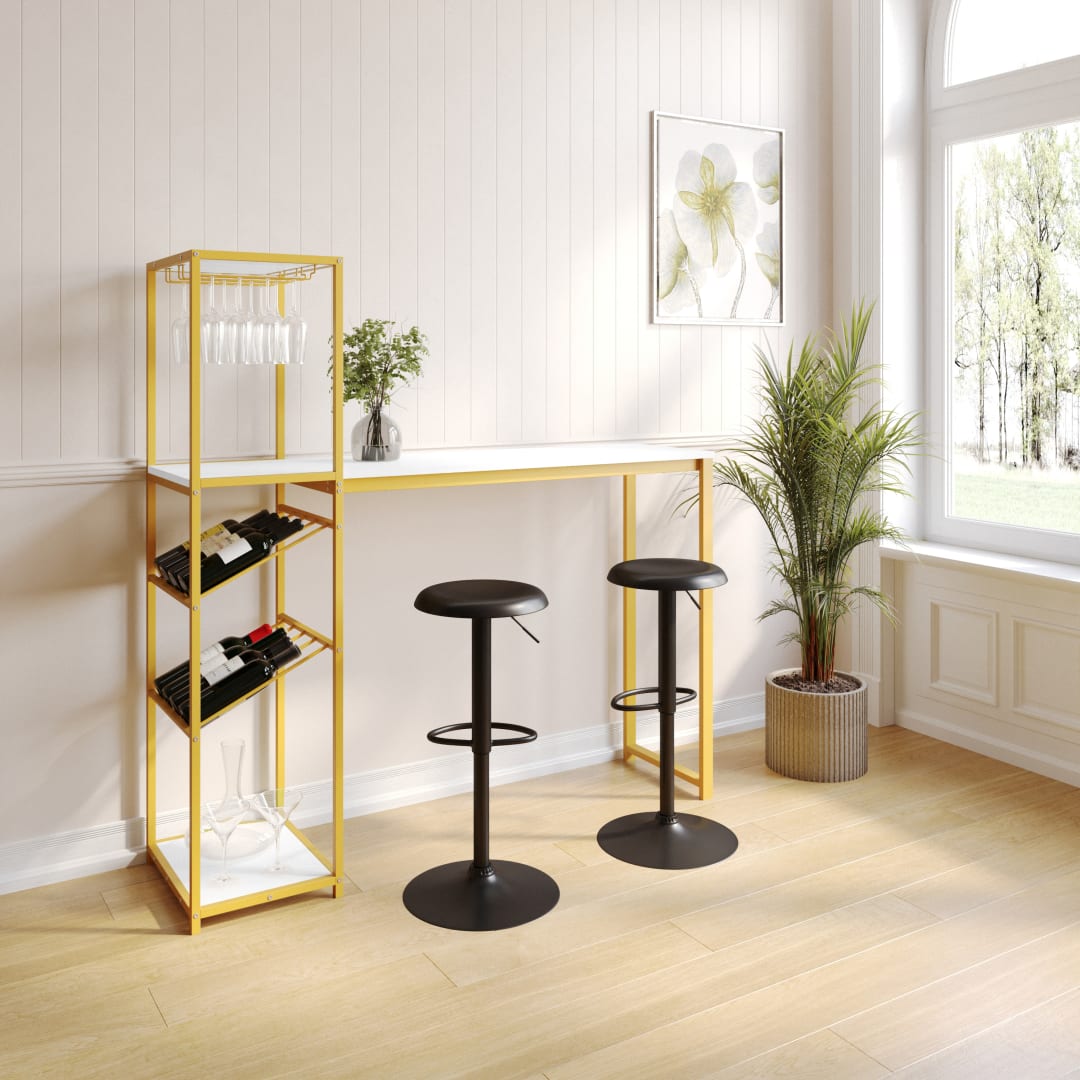 Jura Metal Bar and Wine Table with 2 Slanted Shelves for Bottle Storage and Hanging Glass Storage, Gold Frame with Marble Melamine Table Top