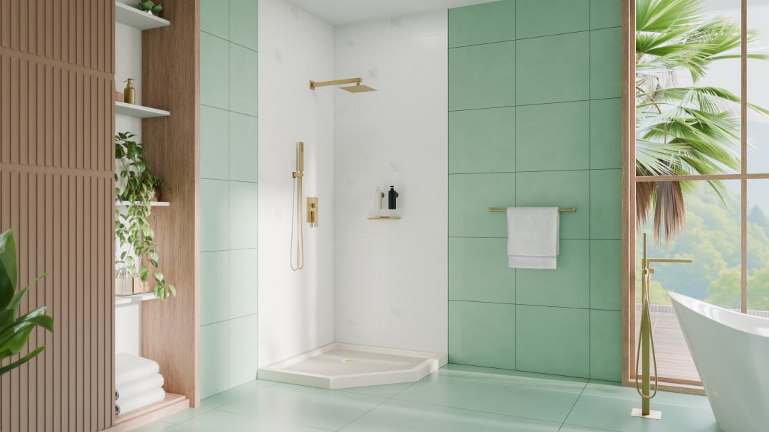 DreamLine SlimLine 36 inch D x 36 inch W x 2 3/4 inch H Biscuit Neo-Angle Shower Base with 2 inch Brushed Brass Corner Round Drain