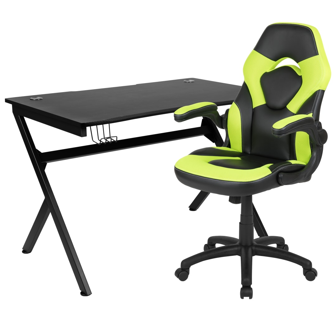 Optis Black Gaming Desk and Green/Black Racing Chair Set with Cup Holder, Headphone Hook &amp; 2 Wire Management Holes