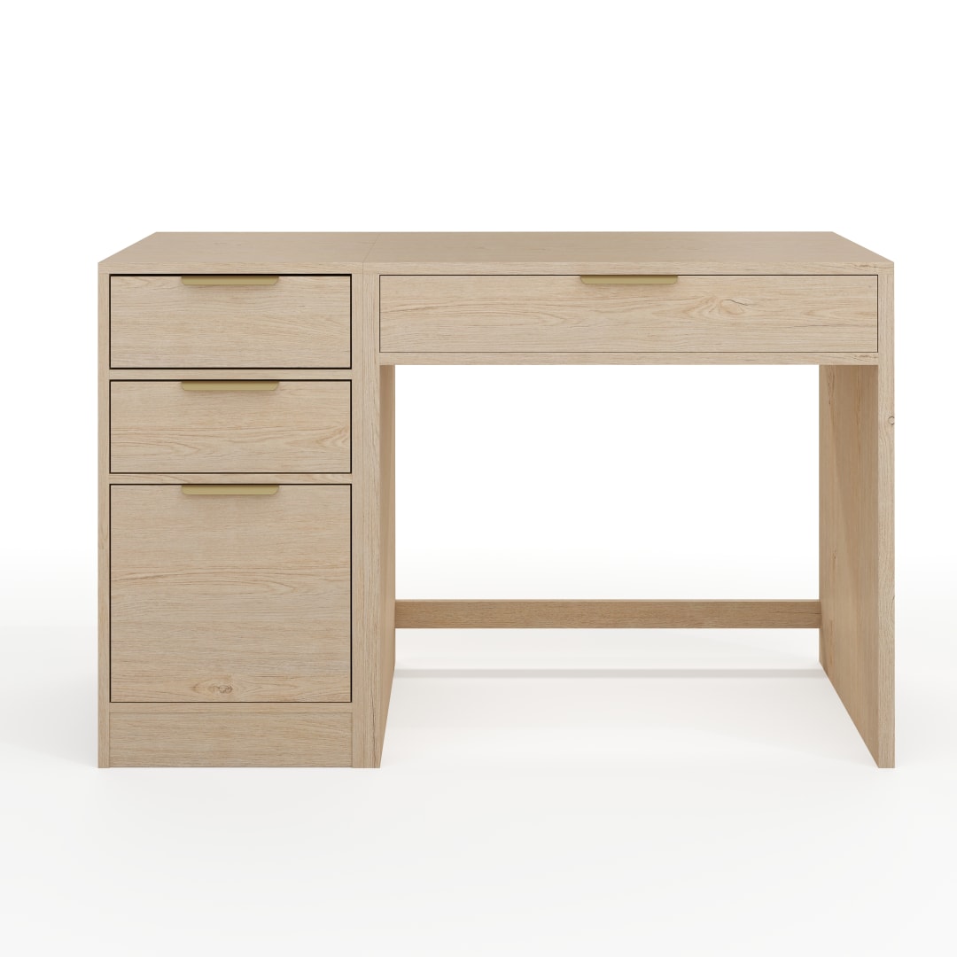 Kayden Home Office Modular Single-Drawer Desk with 3 Drawer File Cabinet in Light Natural with Brushed Gold Hardware