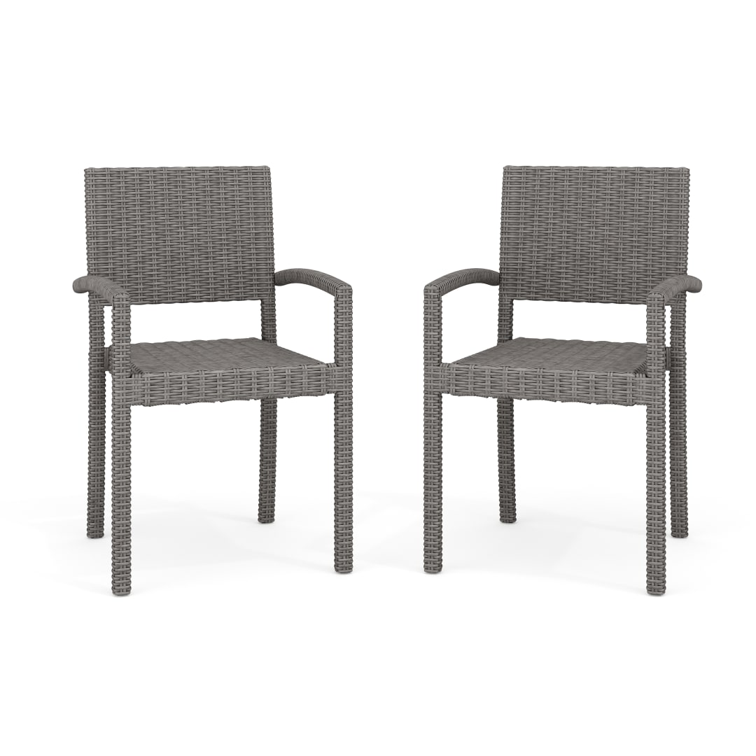 Bedford Set of 2 Indoor-Outdoor Stackable Patio Dining Armchairs in Gray Rattan Wicker