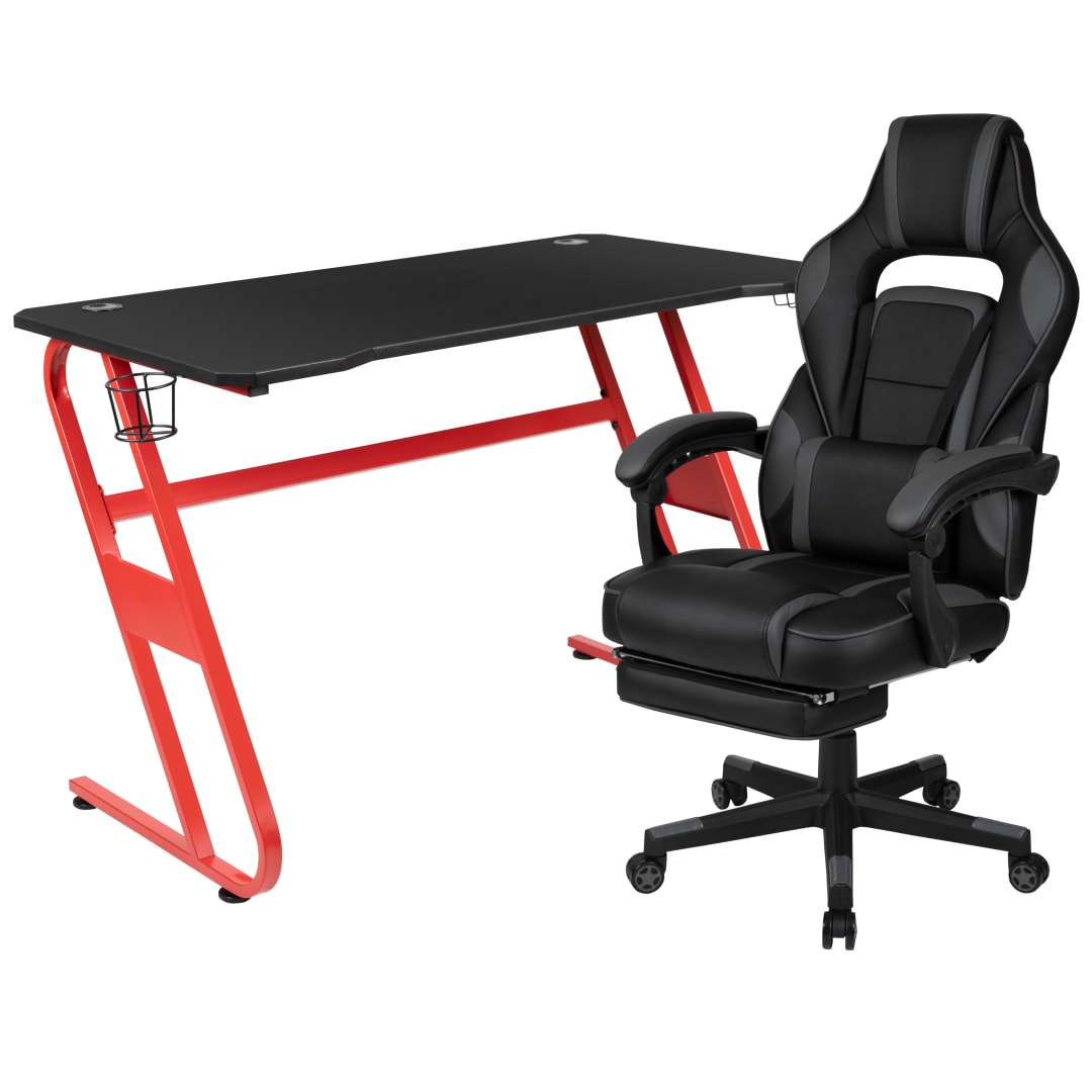 Optis Red Gaming Desk with Cup Holder/Headphone Hook &amp; Black Reclining Back/Arms Gaming Chair with Footrest