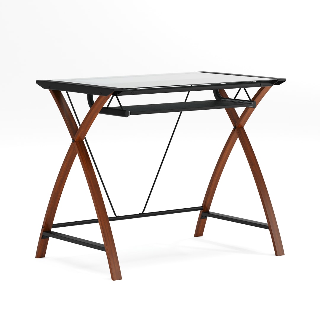 Jude Glass Computer Desk with Pull-Out Keyboard Tray and Crisscross Frame