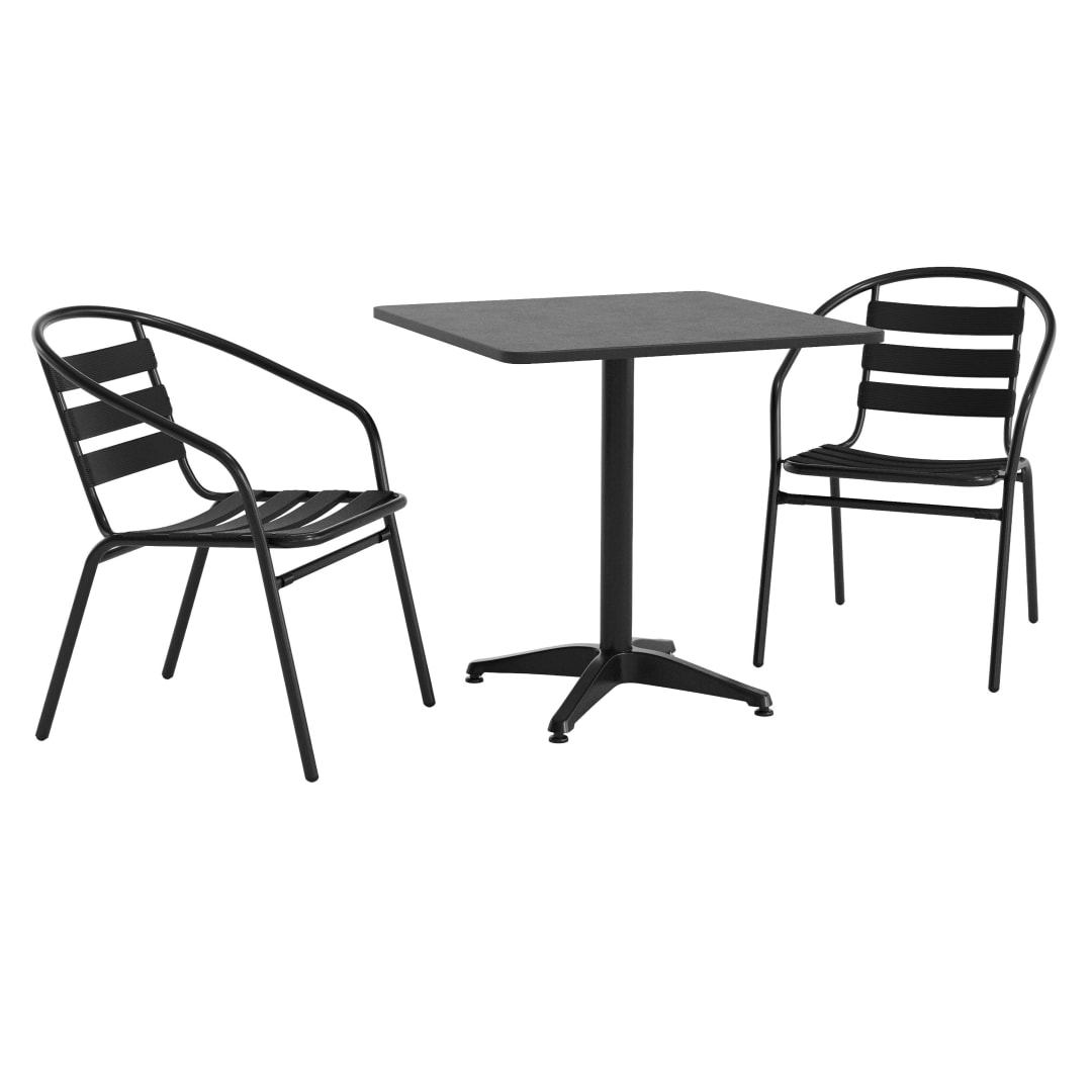 Lila 27.5'' Black Square Aluminum Indoor-Outdoor Table Set with 2 Black Slat Back Chairs