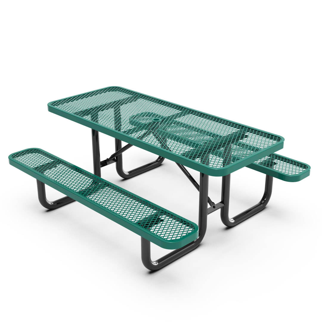 Mantilla 6' Rectangular Outdoor Picnic Table with Commercial Heavy Gauge Green Expanded Metal Mesh Top and Seats and Black Steel Frame with Anchors