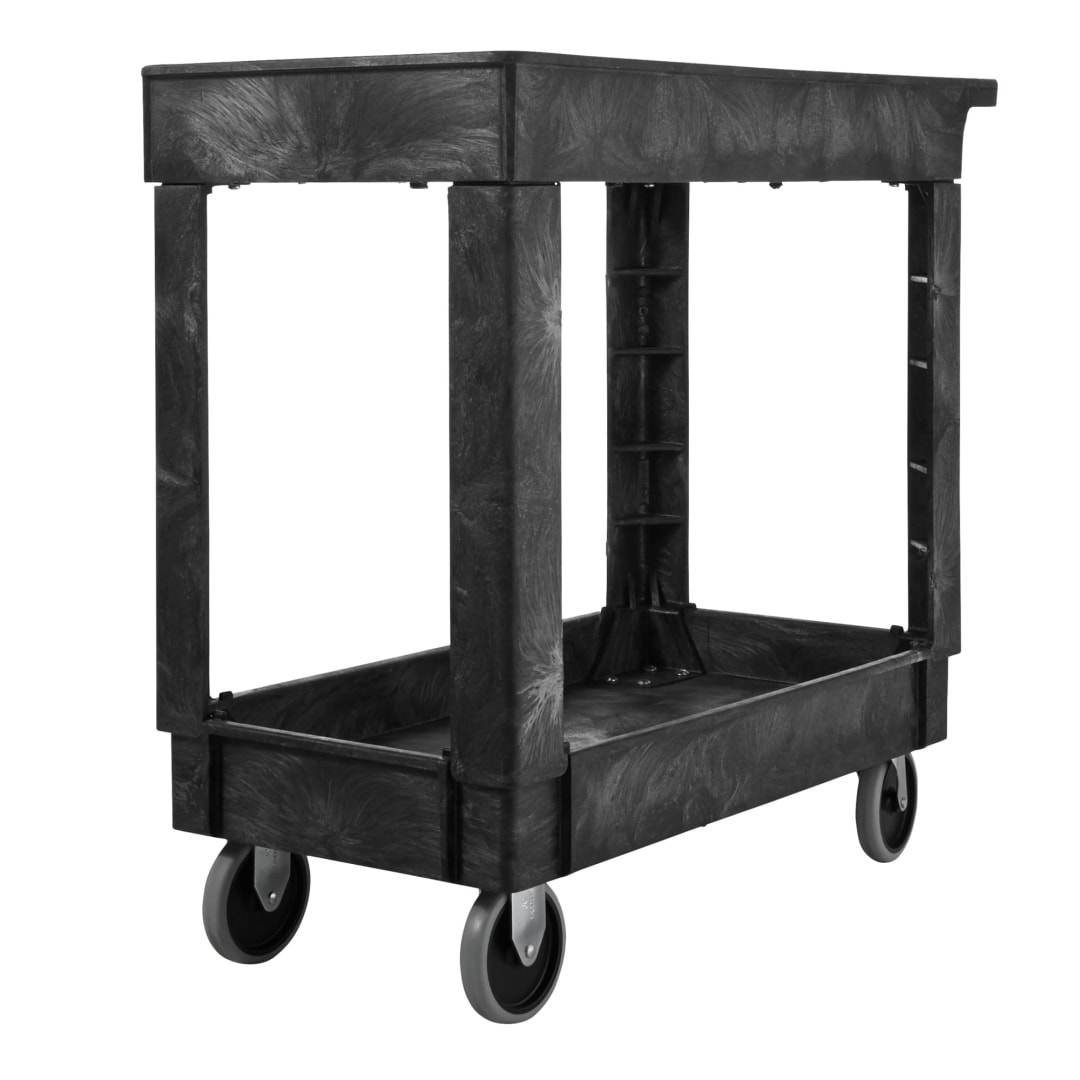 Flat Handle Heavy Duty 2 Shelf Utility Cart With Lipped Shelf Black