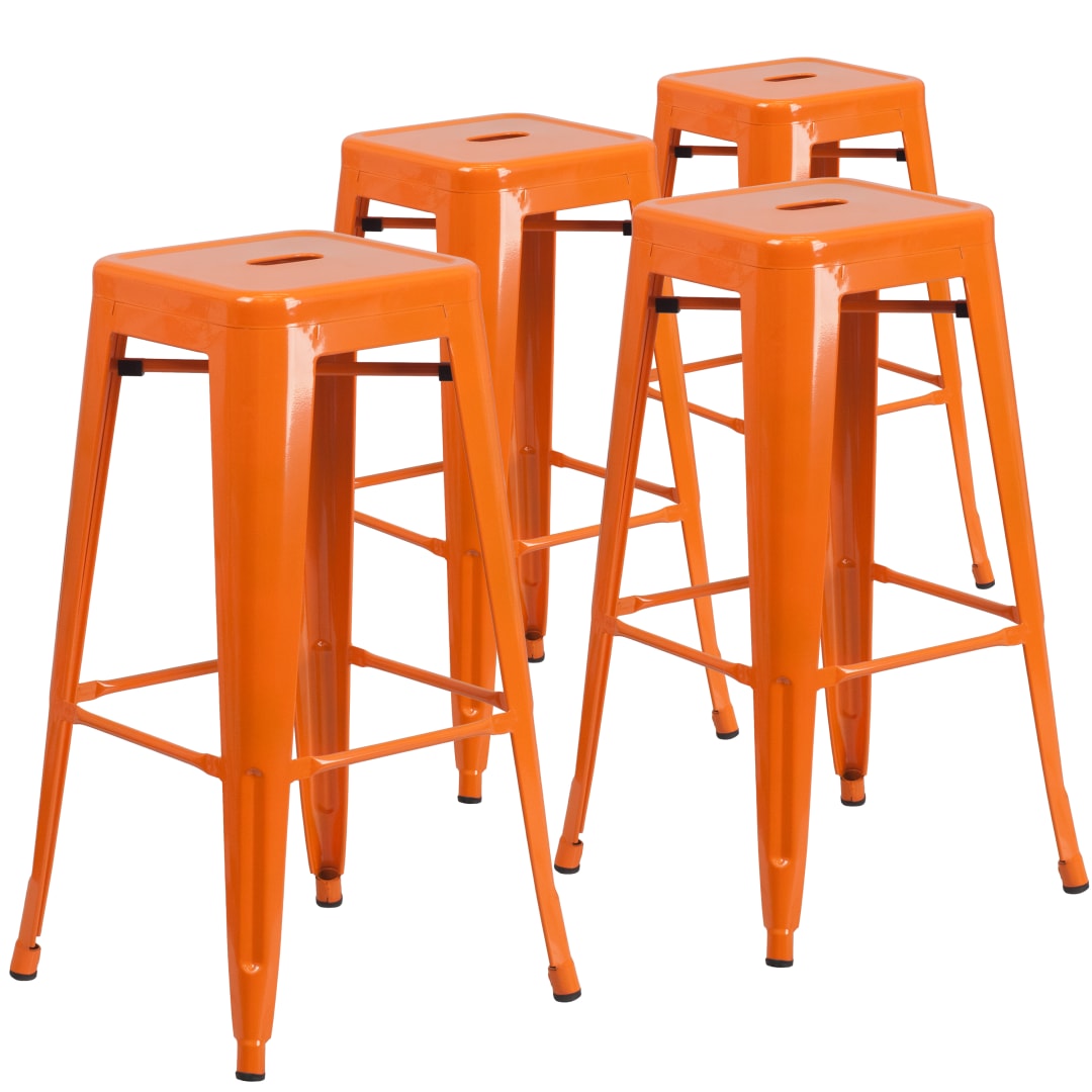 Lily 4 Pack Commercial Grade 30" High Backless Orange Metal Indoor-Outdoor Barstool with Square Seat
