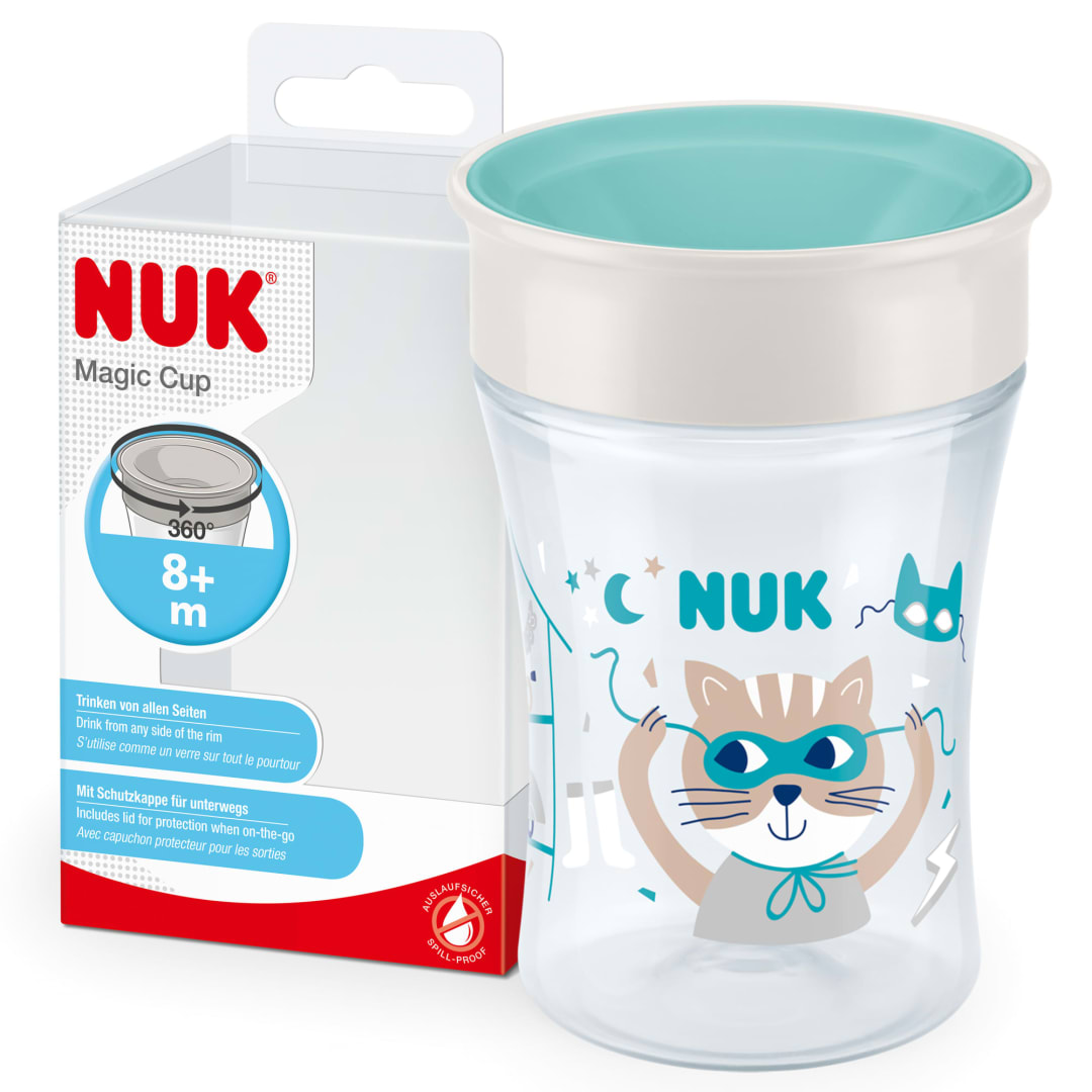 NUK Magic Cup Sippy Cup | 360 Anti-Spill Rim | 8+ Months | Leak-Proof & BPA-Free | 230ml. | Blue Cat