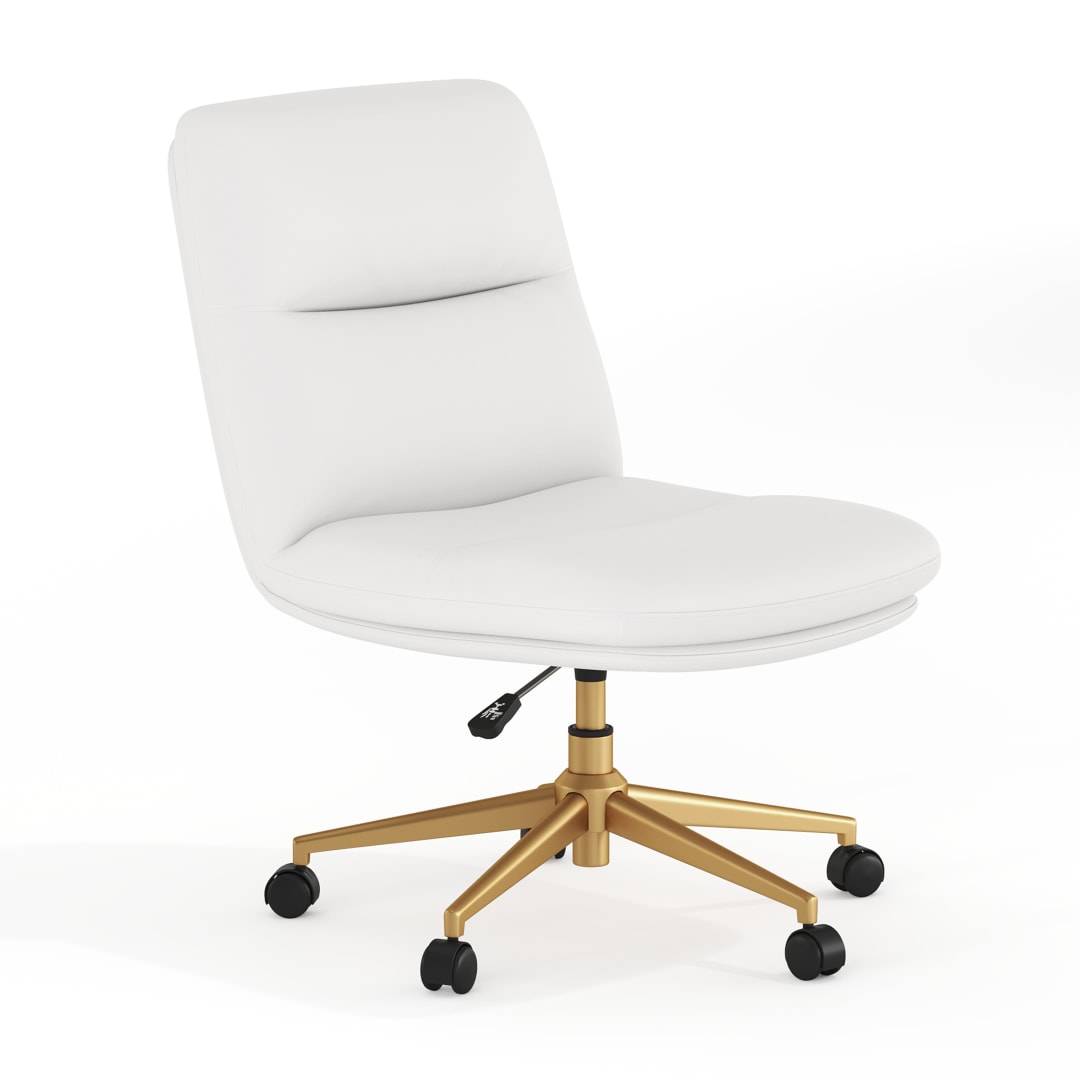 Chloe Commercial Mid-Back White Padded LeatherSoft Armless Task Office Chair with Wheels, Adjustable Height, Swivel Function, and Gold Frame