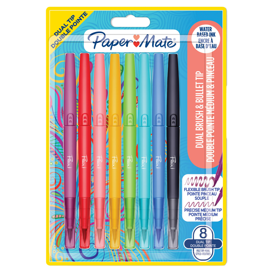 Paper Mate® Flair DUAL Felt Tip Pens | Brush and Medium Tips | Assorted Colours | 8 Fibre Tip Marker Pens