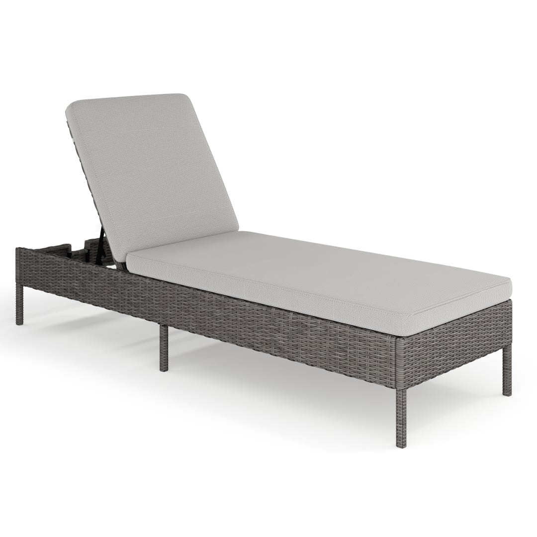 Bedford Indoor-Outdoor Adjustable Patio Chaise Lounge Chair in Gray Rattan Wicker with Gray All-Weather Cushions
