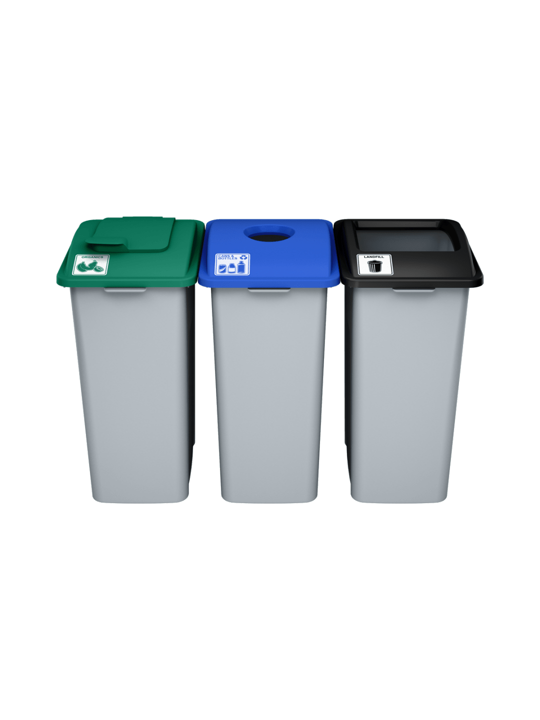  WASTE WATCHER - Triple - Kit - Xl - Organics-Cans &amp; Bottles-Landfill - Solid Lift-Circle-Full - Grey-Green-Blue-Black